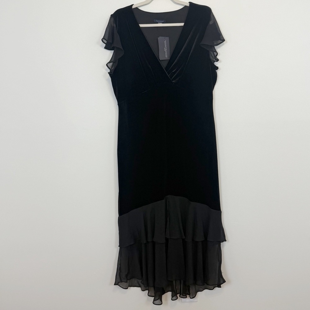 NWT Tommy Hilfiger Black Velvet Tiered Ruffle Hem Midi Maxi Dress 16 A4HV1QHL